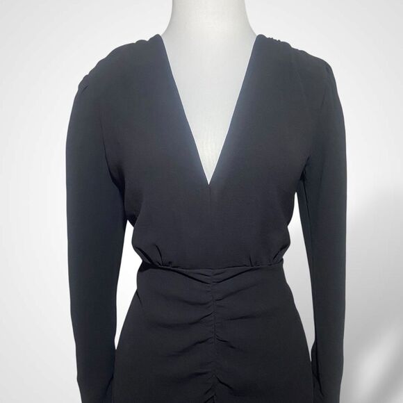 MNG by Mango Black Dress Women's Size M Short Ruched Long Sleeve Deep V Neck - Picture 2 of 12